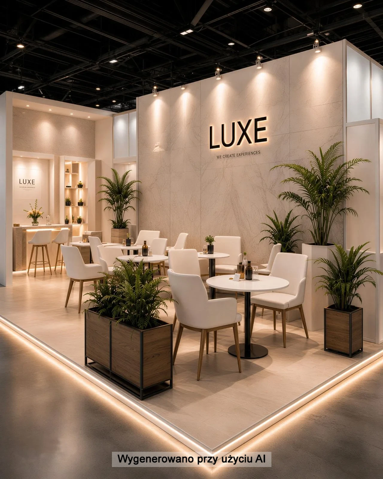 Stoiska targowe LUXE ze strefą spotkań i podświetlaną zabudową